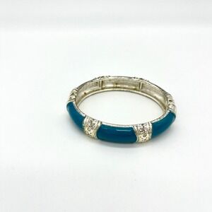 Bangle Bracelet Teal Blue Silver Rhinestone Hinge Closure‎ Fashion Jewelry